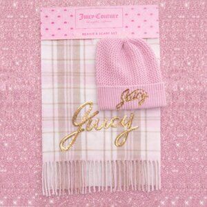 Juicy Couture Pink Beanie Hat & Scarf Set Gold Sequin Logo New